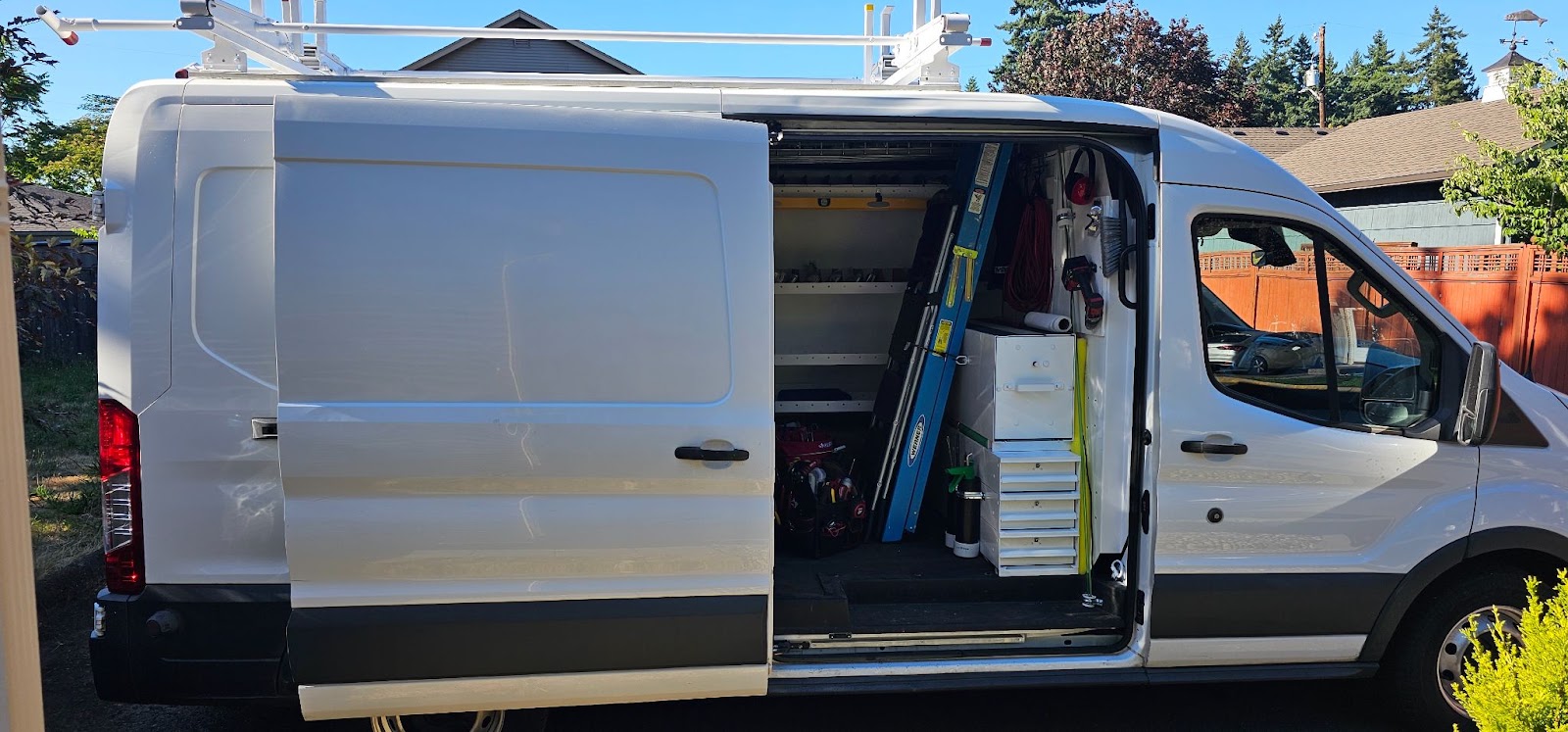 Brightwise Electric service van stocked with tools and ladders for electrical calls around Vancouver, WA