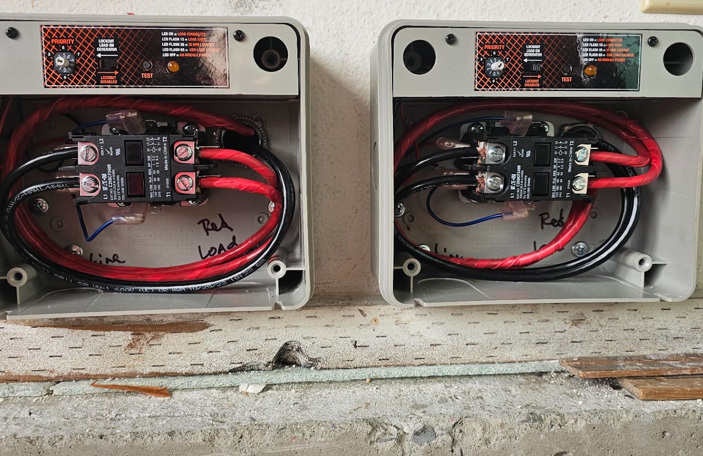 Generator load-shed lockout modules wired for a whole-home standby generator in Vancouver, WA