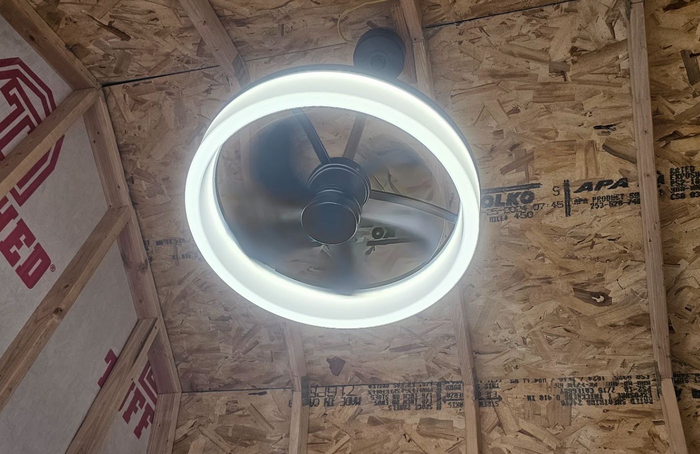 Ceiling fan with LED ring light installed in a Vancouver, WA outbuilding by Brightwise Electric