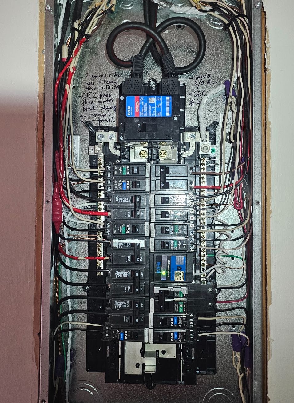 Interior of a labeled residential service panel with surge protection in Vancouver, WA