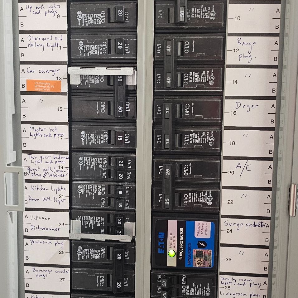 Labeled panel directory including a dedicated car charger breaker and surge protector, Vancouver WA
